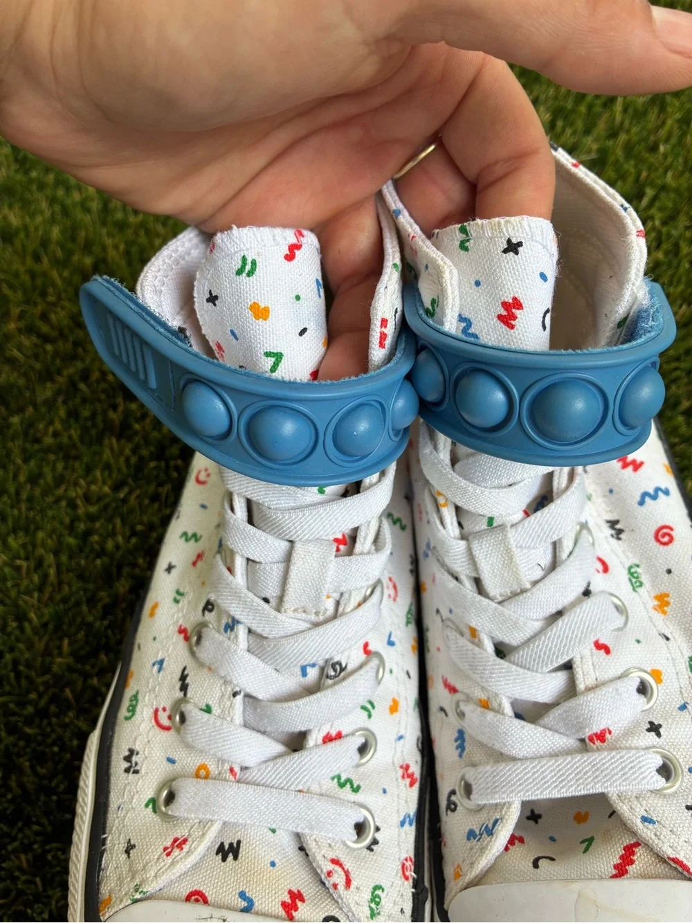 Converse Kids White High-Top Sneakers with Blue Strap and Multicolor Print